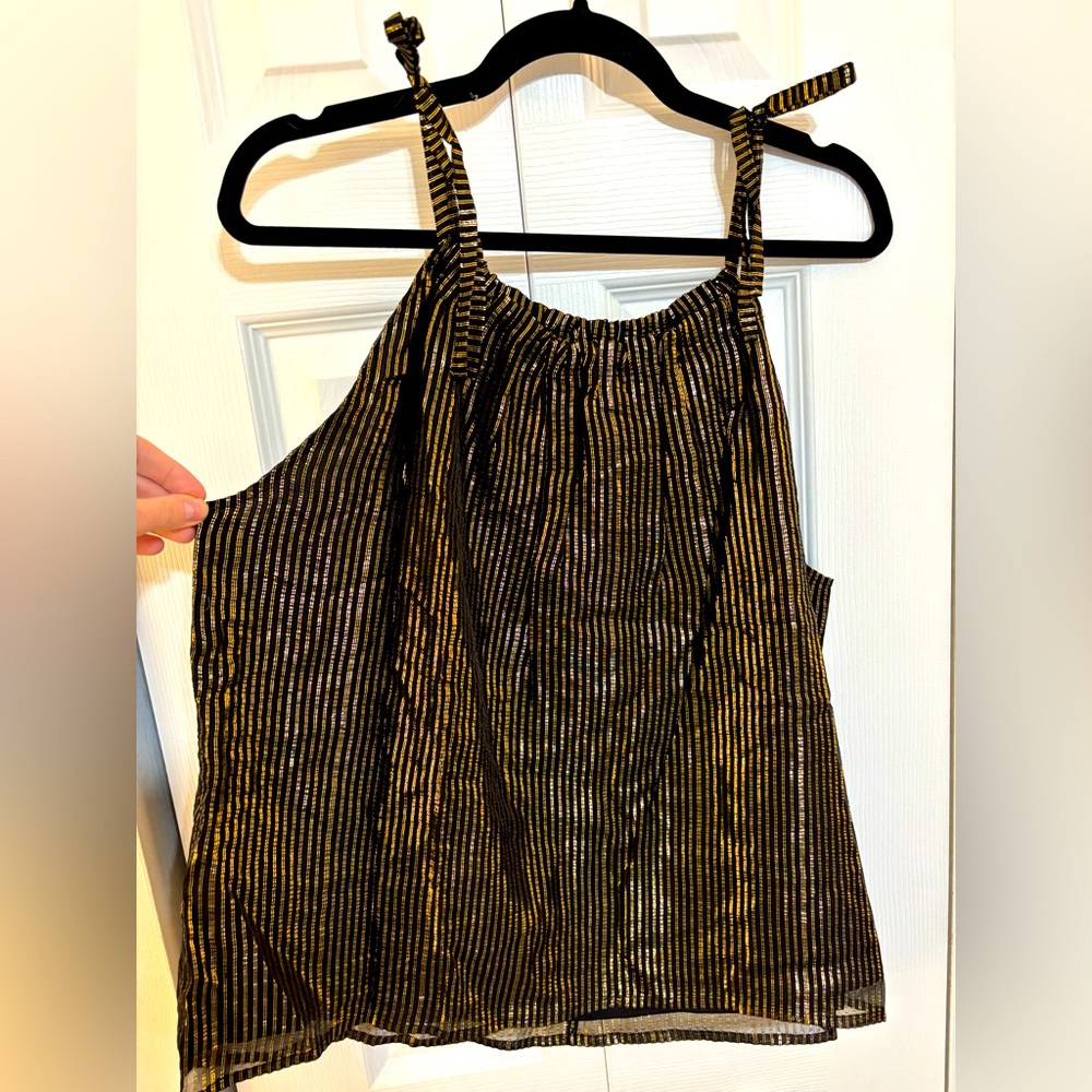 Metallic Striped Black and Gold tie shoulder top Madewell NWT